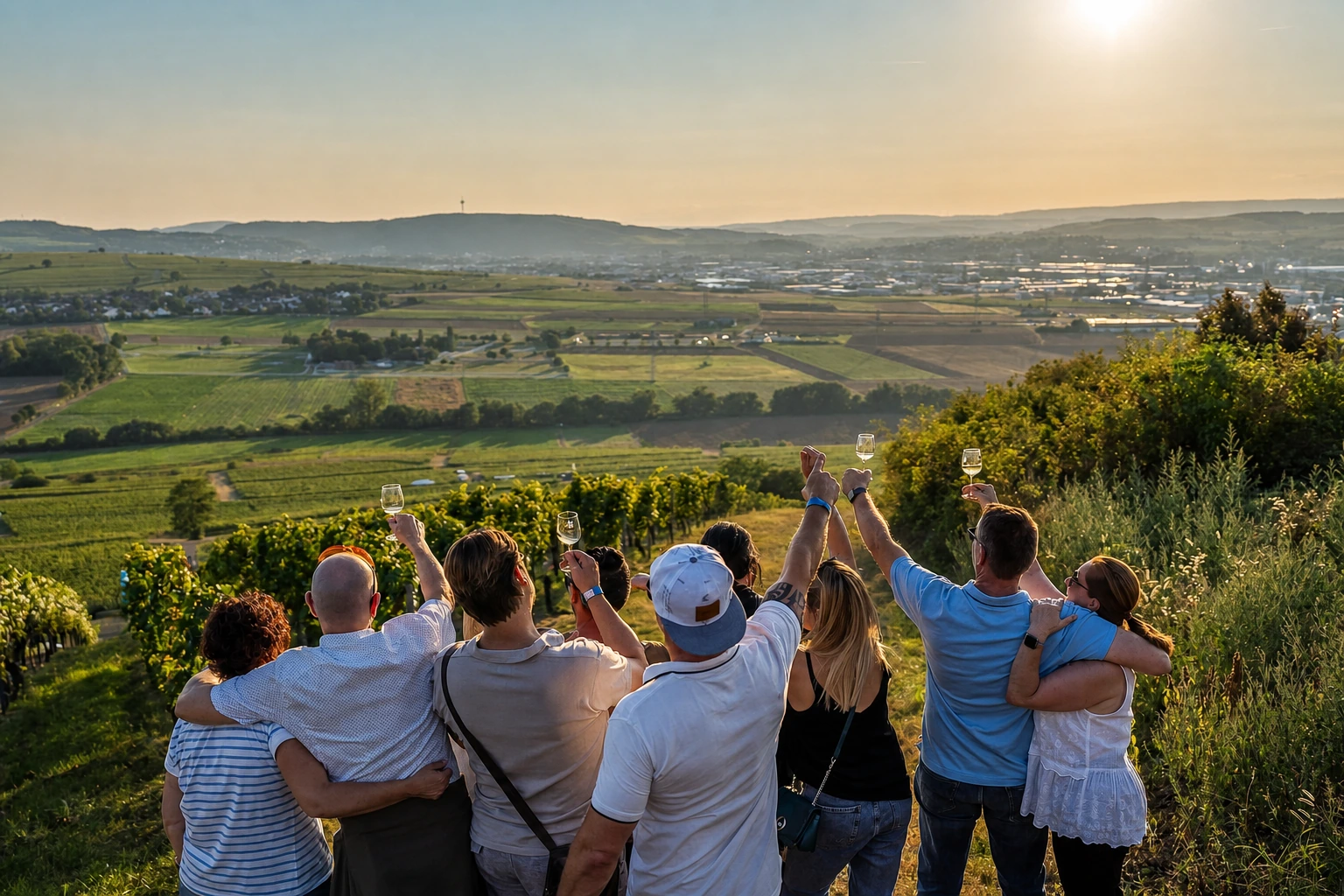Gemeinschaft im Weinberg bei Bosenheim im Abendlicht