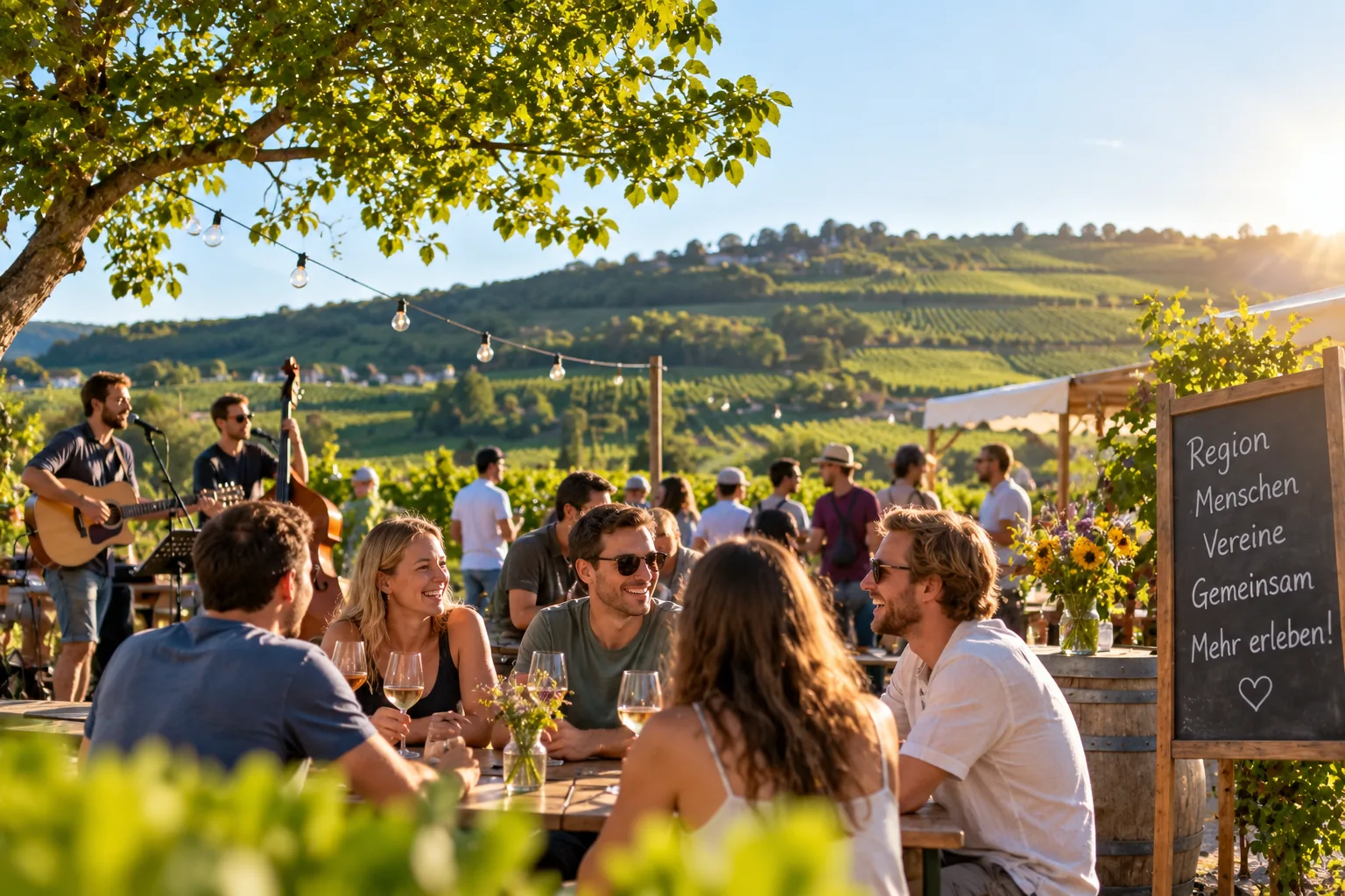 Menschen an Tischen unter einem Baum mit Blick über die Weinberge, daneben Livemusik und eine Tafel.