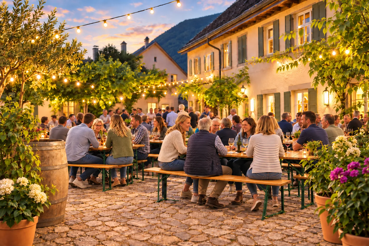 Gäste an langen Tischen in einem Hof, Lichterketten über den Köpfen.