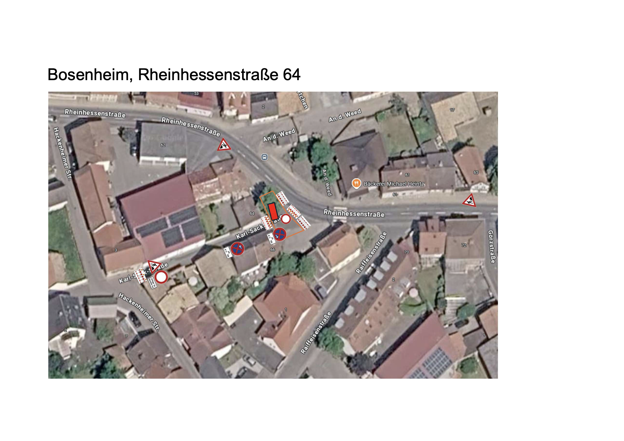 Luftbild mit Verkehrszeichenplan zur Vollsperrung der Karl-Sack-Straße an der Rheinhessenstraße 64 in Bosenheim